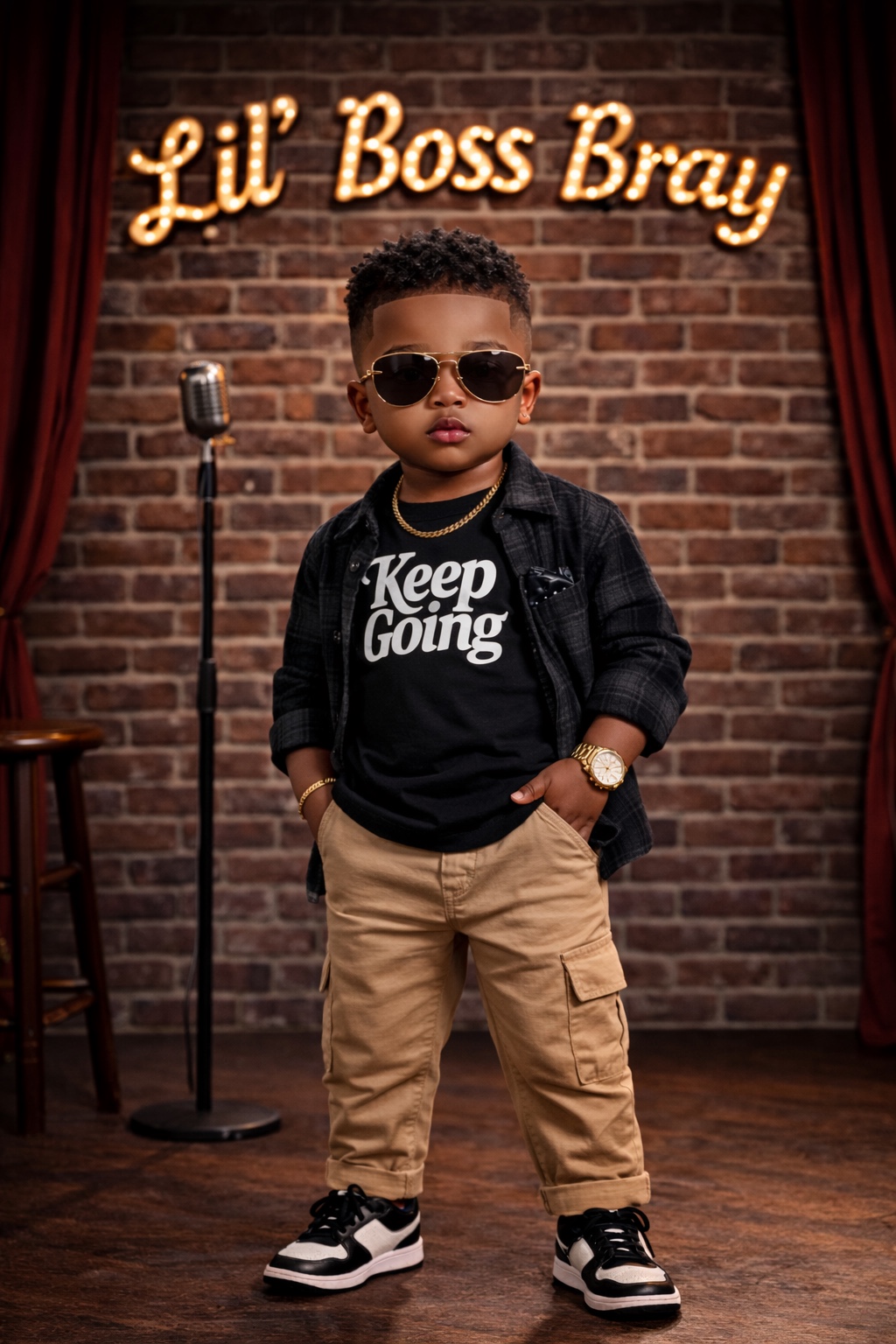 Lil Boss Bray on a comedy stage beside a microphone