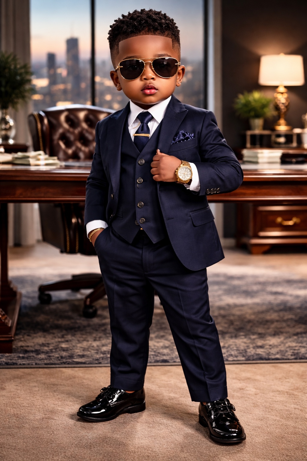 Lil Boss Bray standing confidently in a navy suit