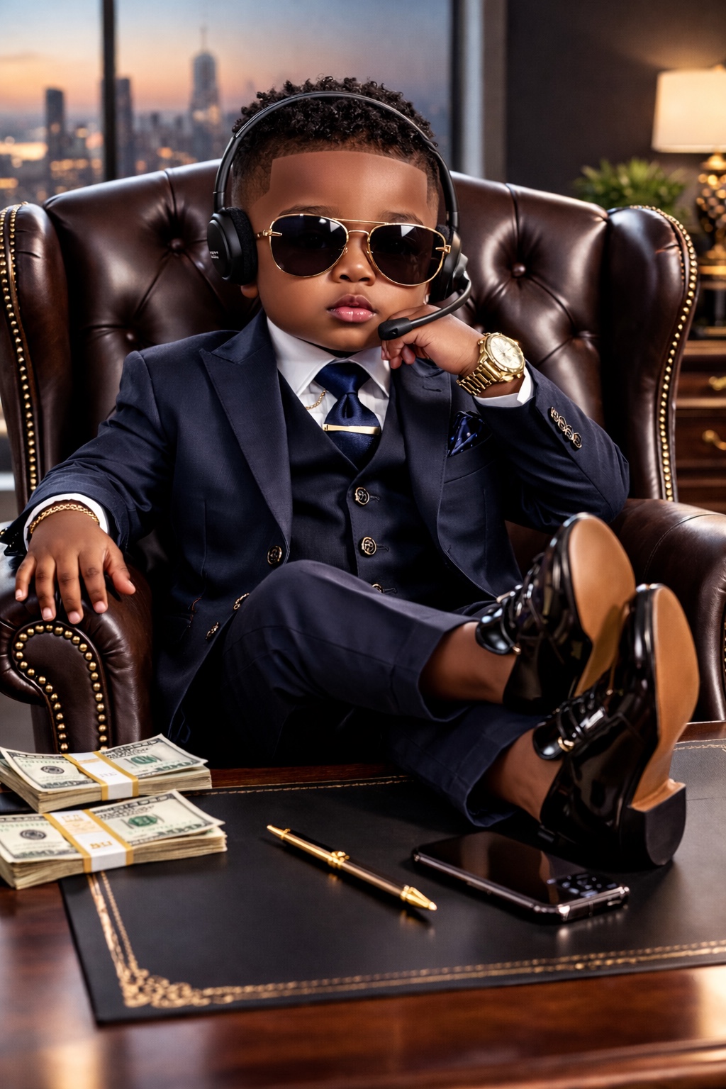 Lil Boss Bray wearing a headset at an executive desk
